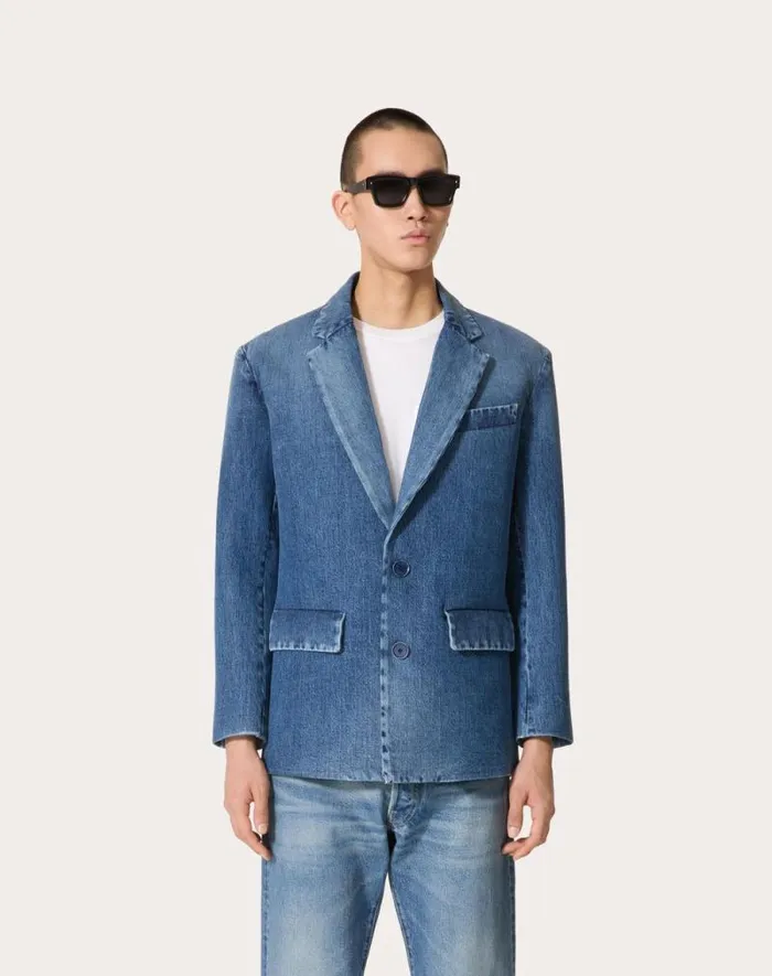 Valentino Denim Man Singlebreasted Denim Jacket Laminated With Neoprene Scuba For Man In Denim Denim Valentino Denim Man Singlebreasted Denim Jacket Laminated With Neoprene Scuba For Man In Denim Denim