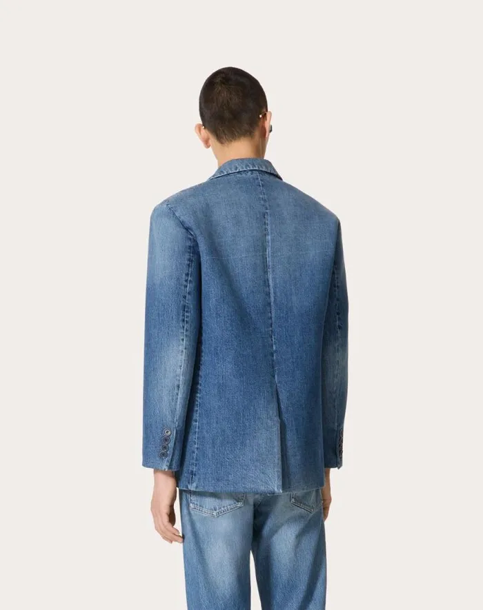 Valentino Denim Man Singlebreasted Denim Jacket Laminated With Neoprene Scuba For Man In Denim Denim Valentino Denim Man Singlebreasted Denim Jacket Laminated With Neoprene Scuba For Man In Denim Denim