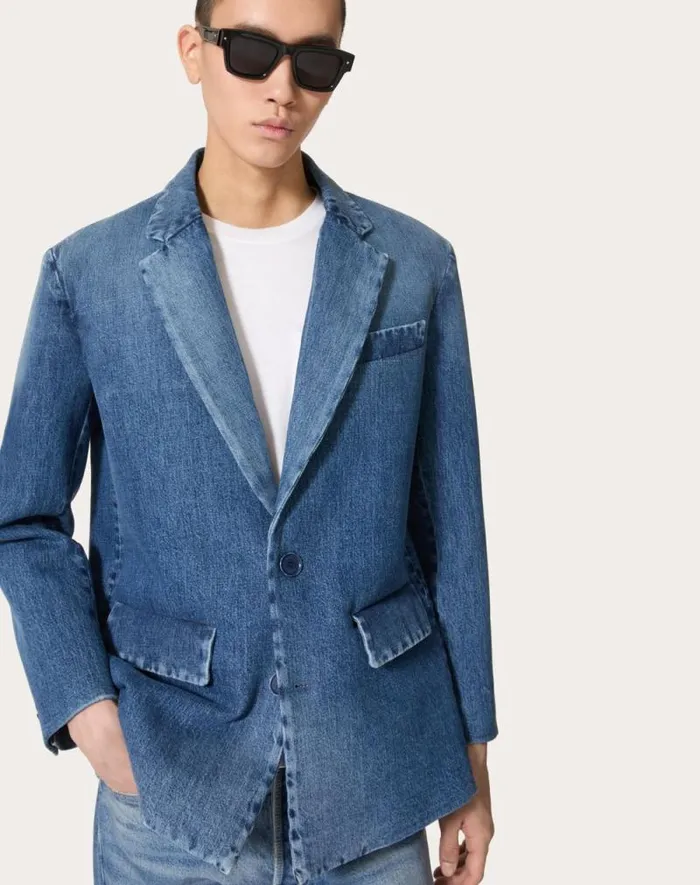 Valentino Denim Man Singlebreasted Denim Jacket Laminated With Neoprene Scuba For Man In Denim Denim Valentino Denim Man Singlebreasted Denim Jacket Laminated With Neoprene Scuba For Man In Denim Denim