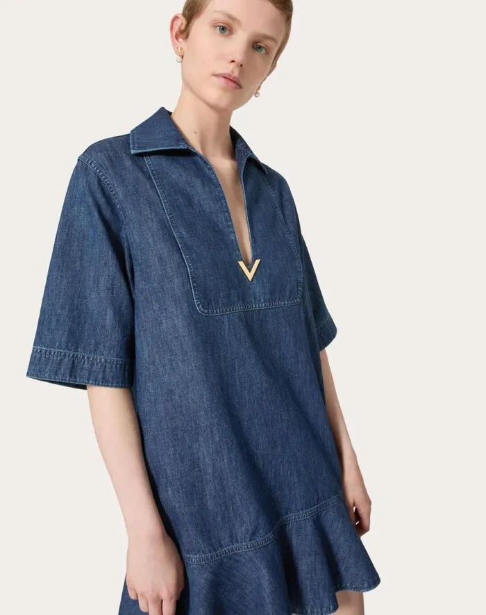 Valentino Denim Woman Chambray Denim Short Dress For Woman In Denim Denim Valentino Denim Woman Chambray Denim Short Dress For Woman In Denim Denim