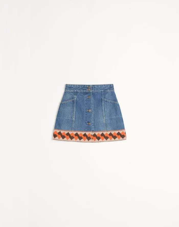 Valentino Denim Woman Denim Skirt With Jacquard Trims For Woman In Denim Denim Valentino Denim Woman Denim Skirt With Jacquard Trims For Woman In Denim Denim