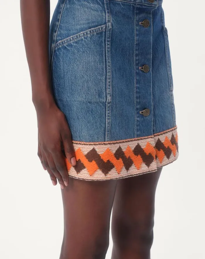 Valentino Denim Woman Denim Skirt With Jacquard Trims For Woman In Denim Denim Valentino Denim Woman Denim Skirt With Jacquard Trims For Woman In Denim Denim