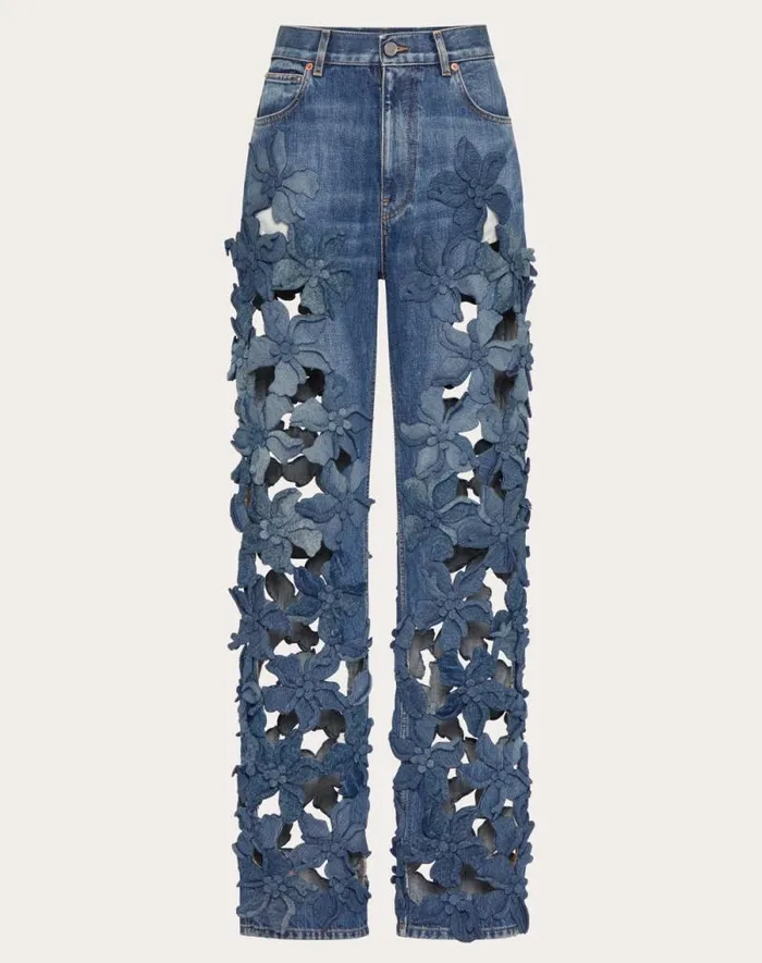 Valentino Denim Woman Embroidered Medium Blue Denim Pants For Woman In Denim Denim