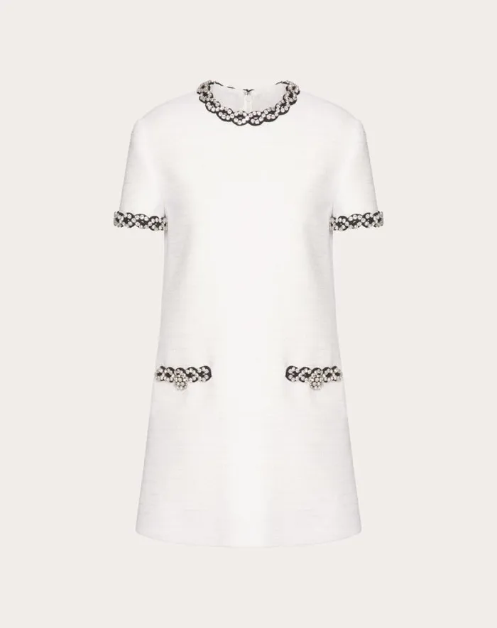 Valentino Dresses Woman Embroidered Crisp Tweed Short Dress For Woman In Ivoryblack Ivoryblack Valentino Dresses Woman Embroidered Crisp Tweed Short Dress For Woman In Ivoryblack Ivoryblack