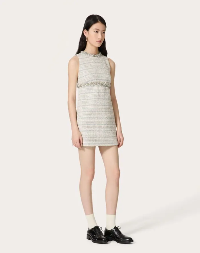 Valentino Dresses Woman Embroidered Delicate Tweed Short Dress For Woman In Ivorygreyazure Ivorygreyazure