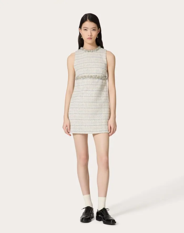 Valentino Dresses Woman Embroidered Delicate Tweed Short Dress For Woman In Ivorygreyazure Ivorygreyazure