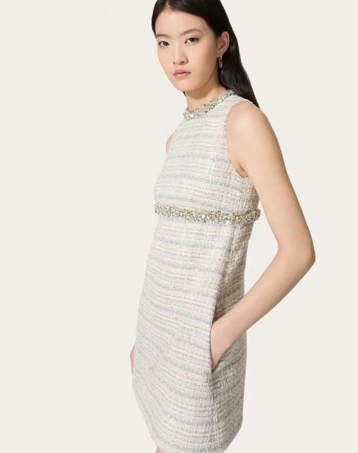 Valentino Dresses Woman Embroidered Delicate Tweed Short Dress For Woman In Ivorygreyazure Ivorygreyazure