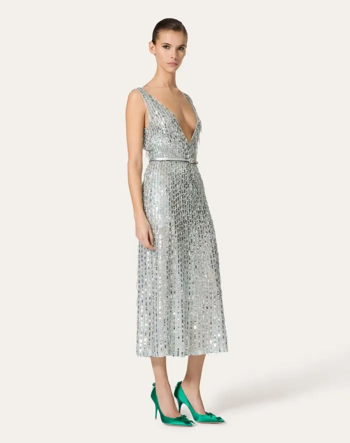 Valentino Dresses Woman Embroidered Organza Midi Dress For Woman In Silver Silver Valentino Dresses Woman Embroidered Organza Midi Dress For Woman In Silver Silver