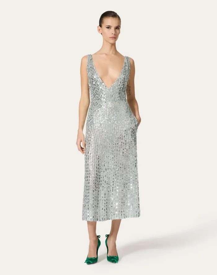 Valentino Dresses Woman Embroidered Organza Midi Dress For Woman In Silver Silver Valentino Dresses Woman Embroidered Organza Midi Dress For Woman In Silver Silver