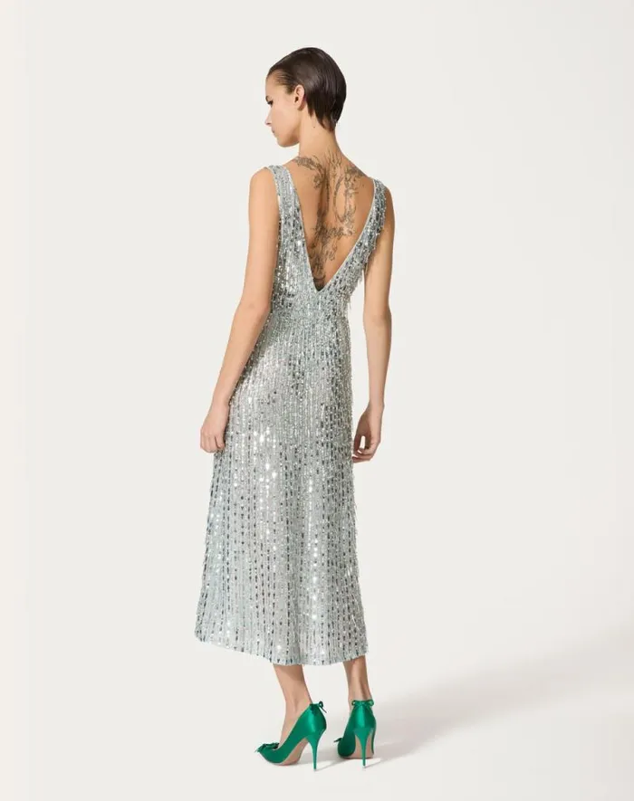 Valentino Dresses Woman Embroidered Organza Midi Dress For Woman In Silver Silver Valentino Dresses Woman Embroidered Organza Midi Dress For Woman In Silver Silver
