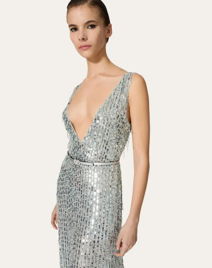 Valentino Dresses Woman Embroidered Organza Midi Dress For Woman In Silver Silver Valentino Dresses Woman Embroidered Organza Midi Dress For Woman In Silver Silver