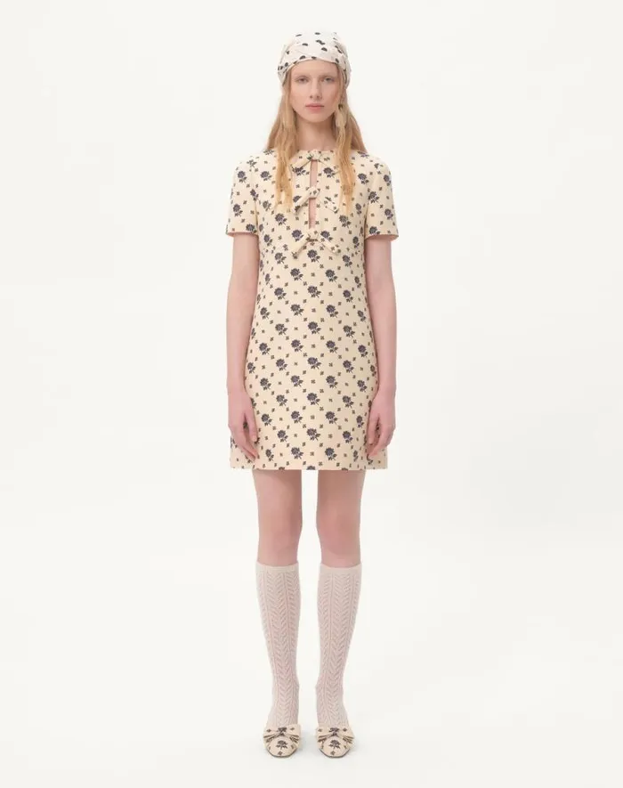 Valentino Dresses Woman Short Dress In Crepe Couture Fiorellino Blu Papier Floral For Woman In Latteblue Latteblue