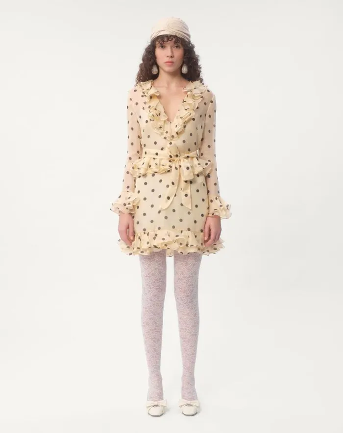 Valentino Dresses Woman Short Dress In Organza With Polka Dot Print For Woman In Ivoryblack Ivoryblack