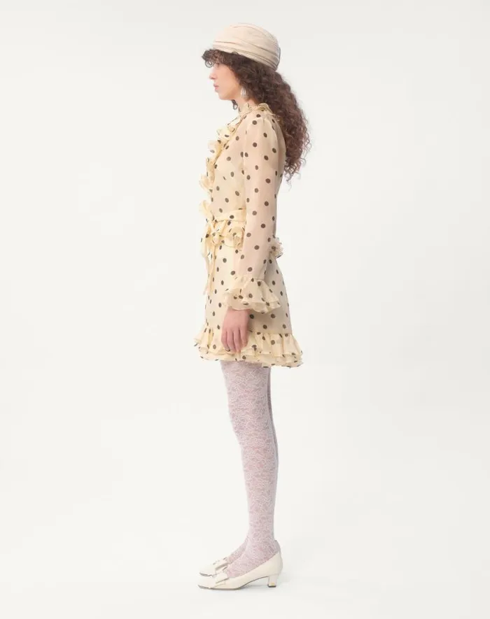 Valentino Dresses Woman Short Dress In Organza With Polka Dot Print For Woman In Ivoryblack Ivoryblack