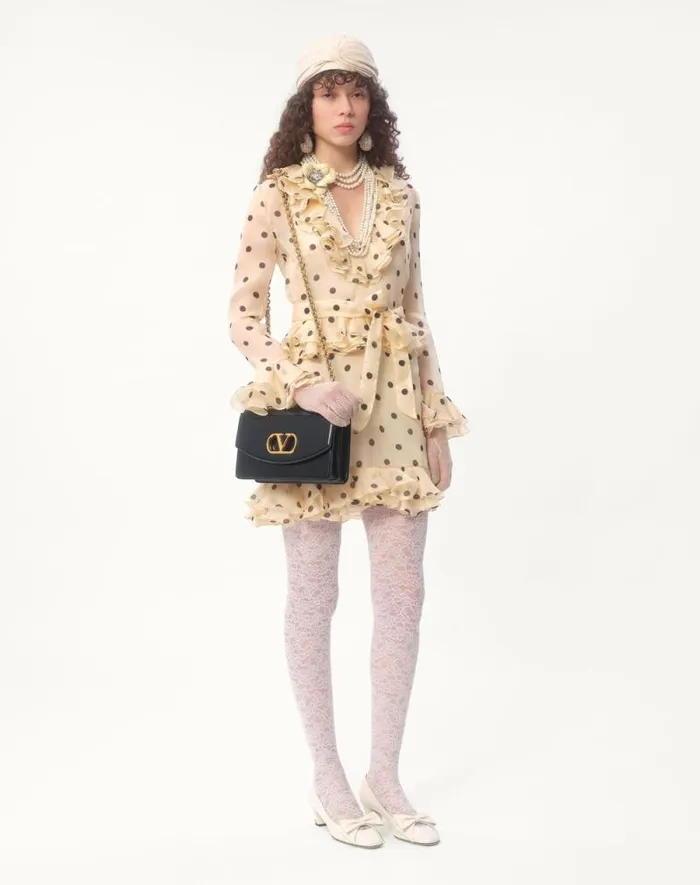 Valentino Dresses Woman Short Dress In Organza With Polka Dot Print For Woman In Ivoryblack Ivoryblack