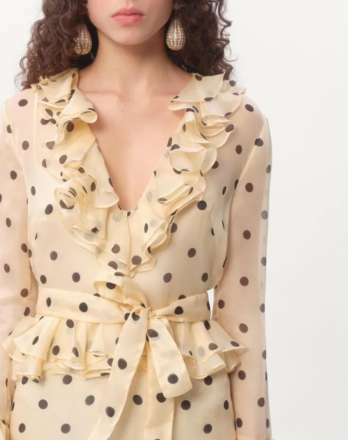 Valentino Dresses Woman Short Dress In Organza With Polka Dot Print For Woman In Ivoryblack Ivoryblack