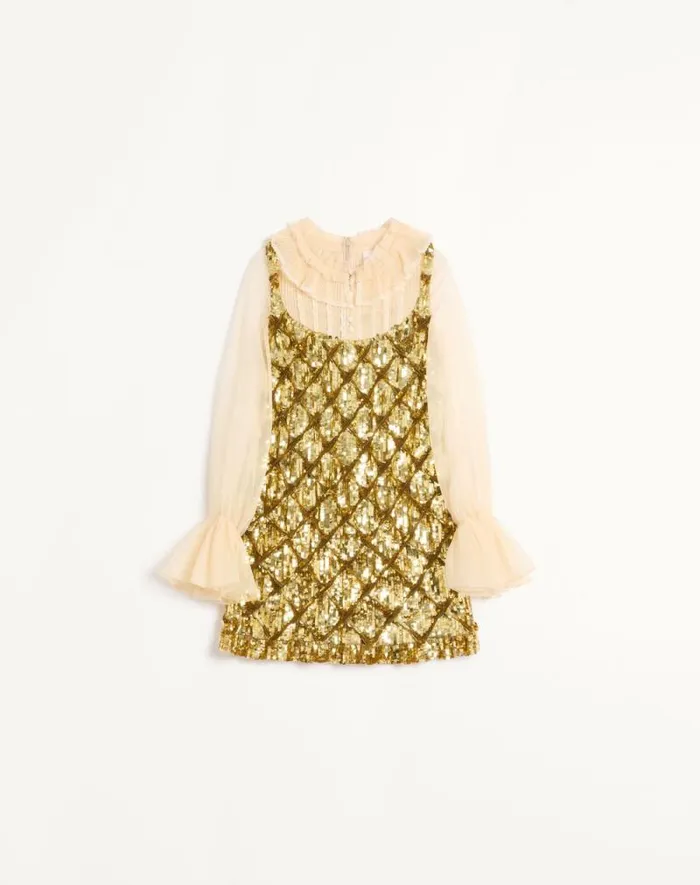 Valentino Dresses Woman Tulle Illusione Embroidered Short Dress For Woman In Ivorygold Ivorygold Valentino Dresses Woman Tulle Illusione Embroidered Short Dress For Woman In Ivorygold Ivorygold