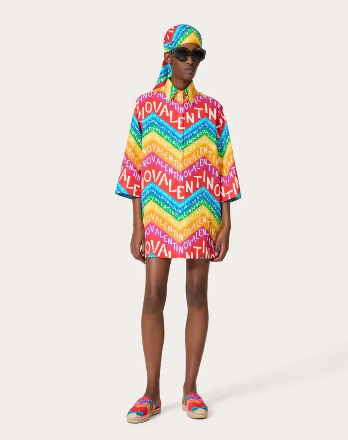 Valentino Dresses Woman Valentino Chevron 24 Popeline Short Dress For Woman In Multicolor Multicolor