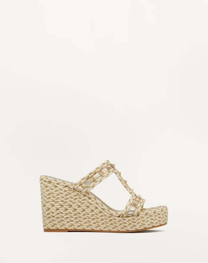 Valentino Espadrilles And Wedges Woman Rockstud Laminated Nappa Wedge Sandal 90 Mm For Woman In Naturalivorygoldplatinum Naturalivorygoldplatinum Valentino Espadrilles And Wedges Woman Rockstud Laminated Nappa Wedge Sandal 90 Mm For Woman In Naturalivorygoldplatinum Naturalivorygoldplatinum