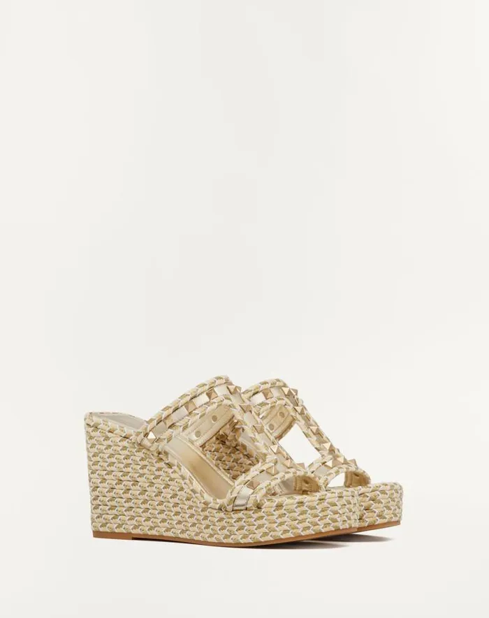 Valentino Espadrilles And Wedges Woman Rockstud Laminated Nappa Wedge Sandal 90 Mm For Woman In Naturalivorygoldplatinum Naturalivorygoldplatinum Valentino Espadrilles And Wedges Woman Rockstud Laminated Nappa Wedge Sandal 90 Mm For Woman In Naturalivorygoldplatinum Naturalivorygoldplatinum