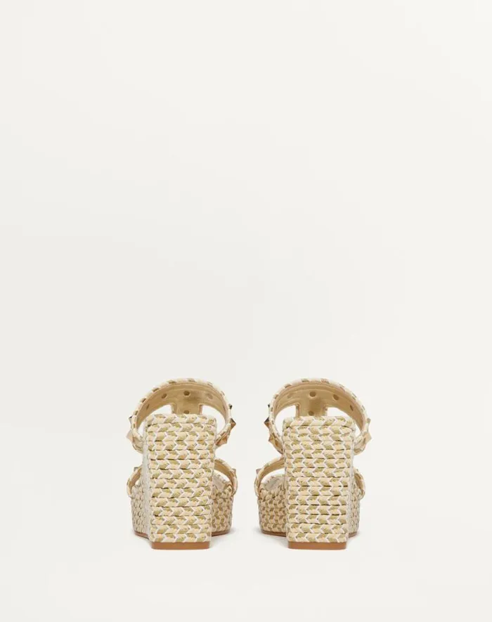 Valentino Espadrilles And Wedges Woman Rockstud Laminated Nappa Wedge Sandal 90 Mm For Woman In Naturalivorygoldplatinum Naturalivorygoldplatinum Valentino Espadrilles And Wedges Woman Rockstud Laminated Nappa Wedge Sandal 90 Mm For Woman In Naturalivorygoldplatinum Naturalivorygoldplatinum