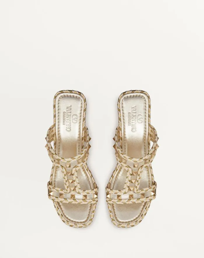 Valentino Espadrilles And Wedges Woman Rockstud Laminated Nappa Wedge Sandal 90 Mm For Woman In Naturalivorygoldplatinum Naturalivorygoldplatinum Valentino Espadrilles And Wedges Woman Rockstud Laminated Nappa Wedge Sandal 90 Mm For Woman In Naturalivorygoldplatinum Naturalivorygoldplatinum