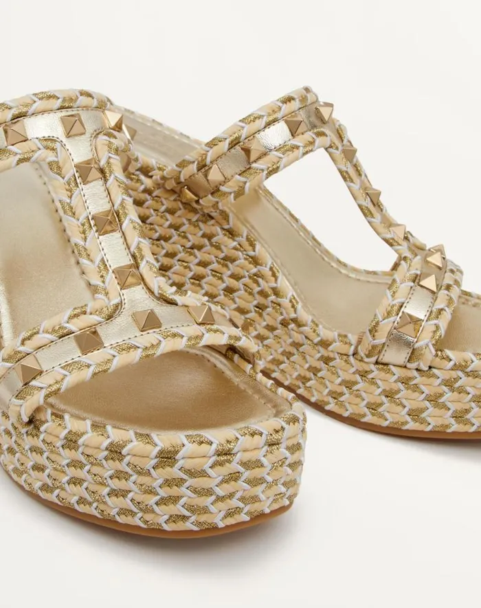 Valentino Espadrilles And Wedges Woman Rockstud Laminated Nappa Wedge Sandal 90 Mm For Woman In Naturalivorygoldplatinum Naturalivorygoldplatinum Valentino Espadrilles And Wedges Woman Rockstud Laminated Nappa Wedge Sandal 90 Mm For Woman In Naturalivorygoldplatinum Naturalivorygoldplatinum