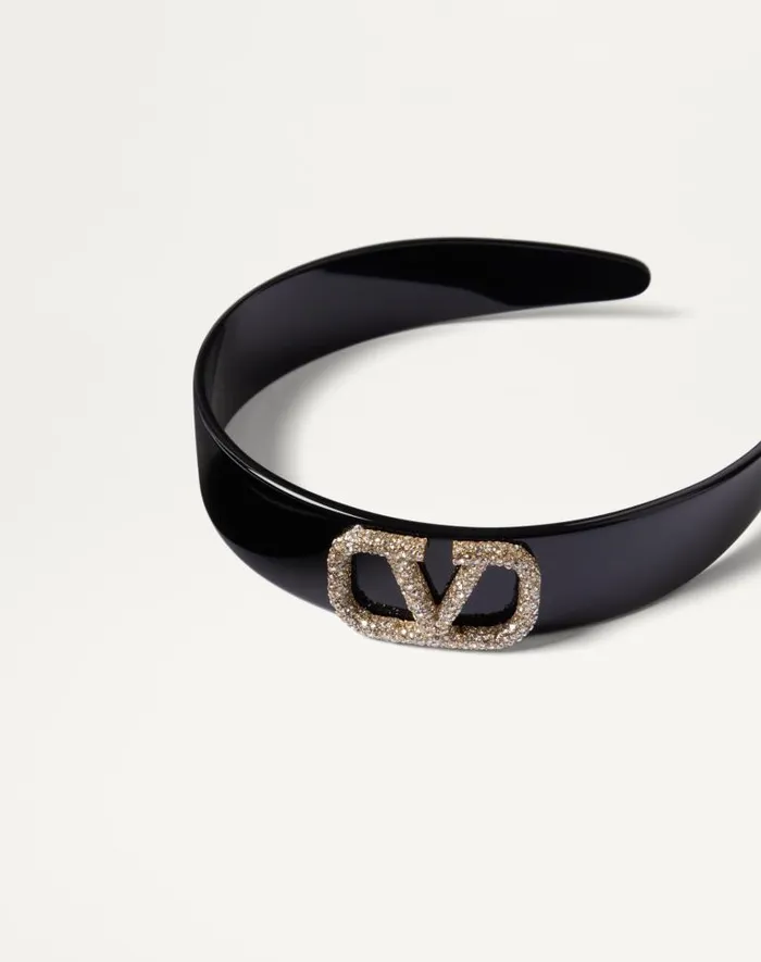 Valentino Hair Accessories Woman Vlogo Signature Resin Metal And Swarovski Crystal Hairband For Woman In Blackgoldcrystal Blackgoldcrystal Valentino Hair Accessories Woman Vlogo Signature Resin Metal And Swarovski Crystal Hairband For Woman In Blackgoldcrystal Blackgoldcrystal