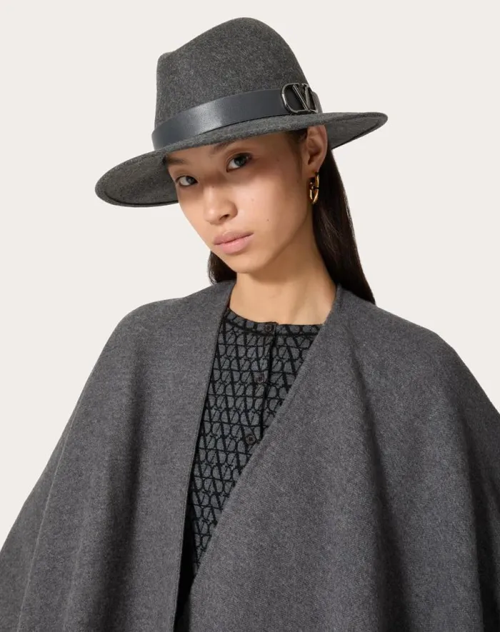 Valentino Hats And Gloves Woman Vlogo Signature Rabbit Fur And Leather Fedora Hat For Woman In Black Black