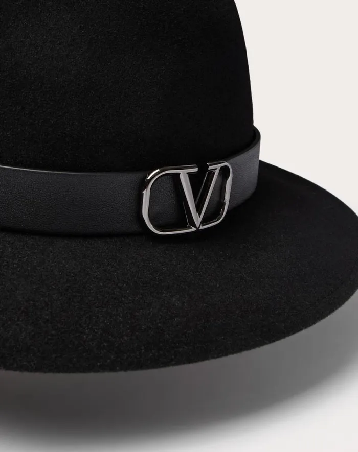 Valentino Hats And Gloves Woman Vlogo Signature Rabbit Fur And Leather Fedora Hat For Woman In Black Black