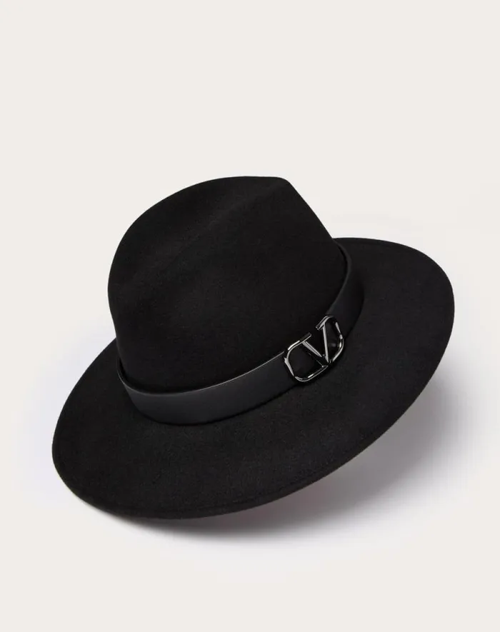 Valentino Hats And Gloves Woman Vlogo Signature Rabbit Fur And Leather Fedora Hat For Woman In Black Black
