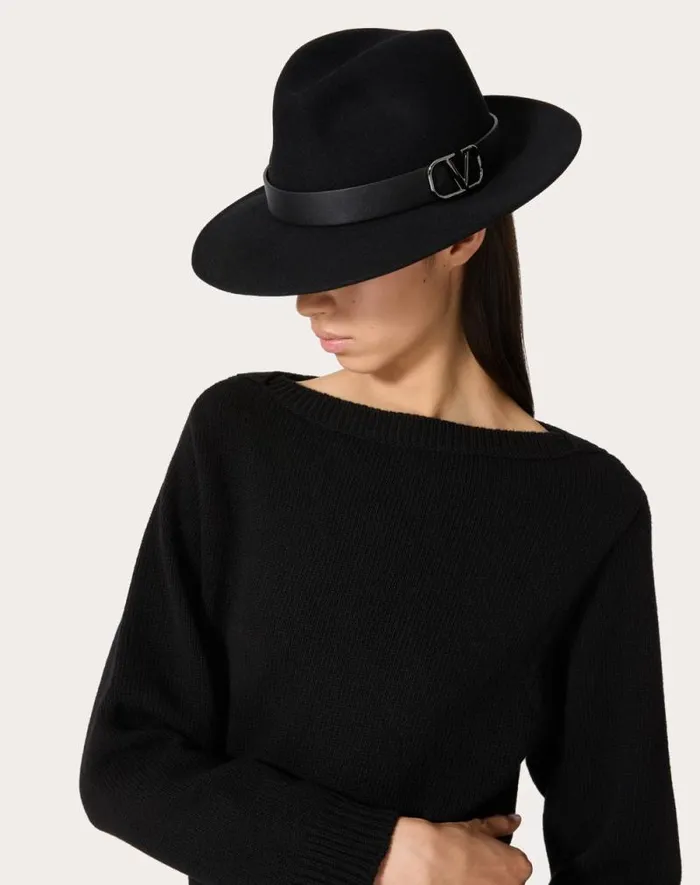 Valentino Hats And Gloves Woman Vlogo Signature Rabbit Fur And Leather Fedora Hat For Woman In Black Black
