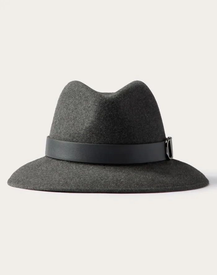 Valentino Hats And Gloves Woman Vlogo Signature Rabbit Fur And Leather Fedora Hat For Woman In Black Black