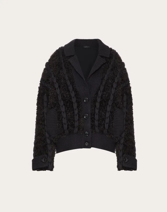 Valentino Jackets And Blazers Woman Embroidered Mohair Wool Knit Jacket For Woman In Black Black Valentino Jackets And Blazers Woman Embroidered Mohair Wool Knit Jacket For Woman In Black Black