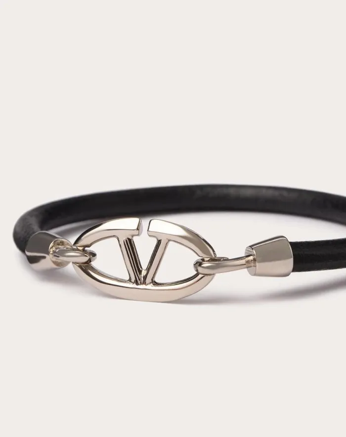 Valentino Jewelry Man Valentino Garavani Vlogo The Bold Edition Bracelet In Leather And Metal For Man In Sky Blue Sky Blue