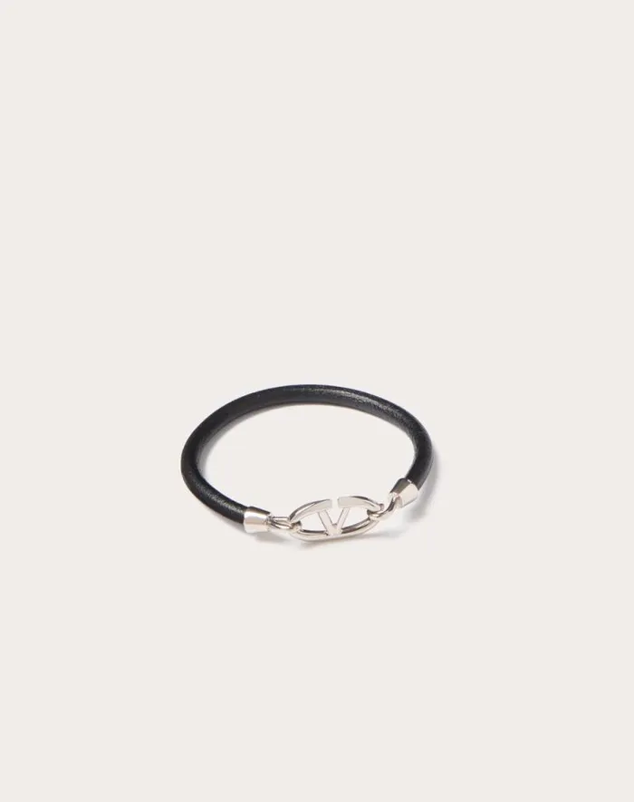 Valentino Jewelry Man Valentino Garavani Vlogo The Bold Edition Bracelet In Leather And Metal For Man In Sky Blue Sky Blue