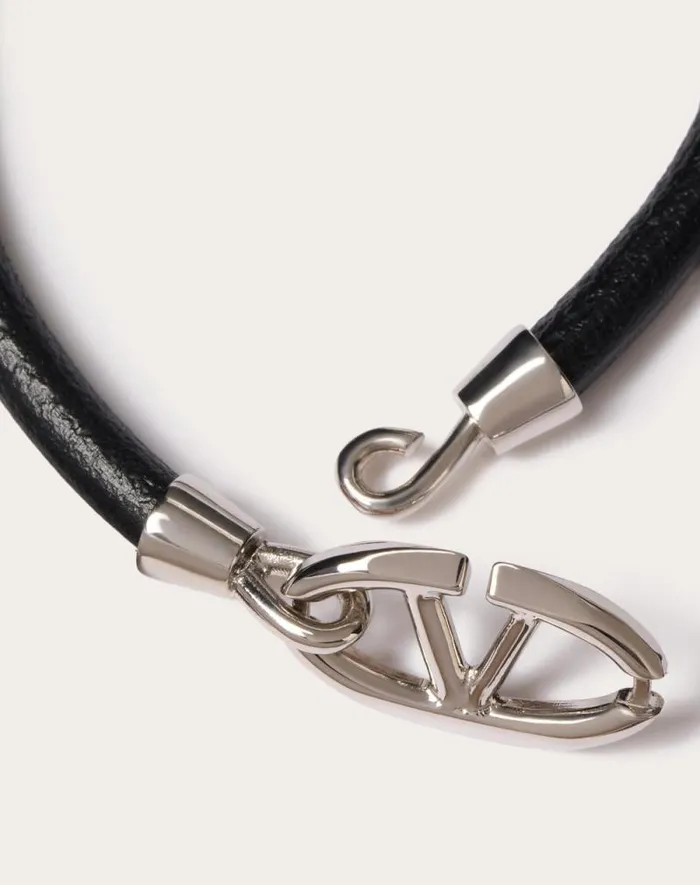 Valentino Jewelry Man Valentino Garavani Vlogo The Bold Edition Bracelet In Leather And Metal For Man In Sky Blue Sky Blue