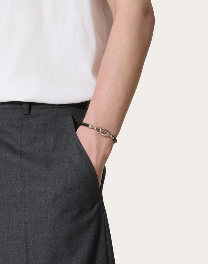 Valentino Jewelry Man Valentino Garavani Vlogo The Bold Edition Bracelet In Leather And Metal For Man In Sky Blue Sky Blue