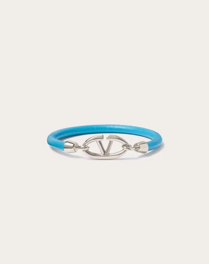 Valentino Jewelry Man Valentino Garavani Vlogo The Bold Edition Bracelet In Leather And Metal For Man In Sky Blue Sky Blue