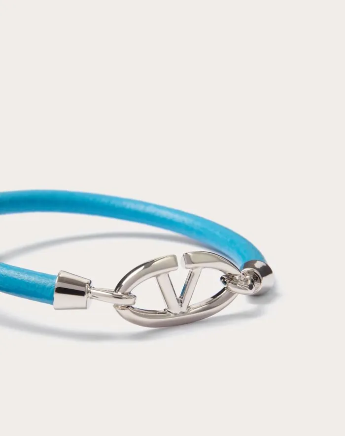 Valentino Jewelry Man Valentino Garavani Vlogo The Bold Edition Bracelet In Leather And Metal For Man In Sky Blue Sky Blue