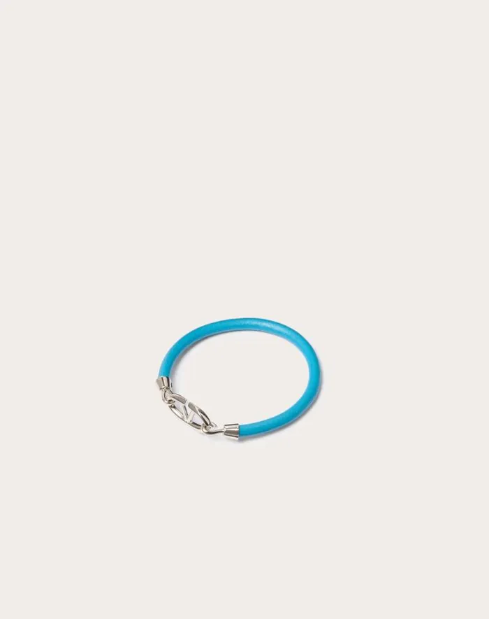 Valentino Jewelry Man Valentino Garavani Vlogo The Bold Edition Bracelet In Leather And Metal For Man In Sky Blue Sky Blue