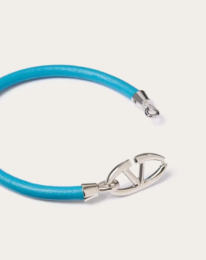 Valentino Jewelry Man Valentino Garavani Vlogo The Bold Edition Bracelet In Leather And Metal For Man In Sky Blue Sky Blue