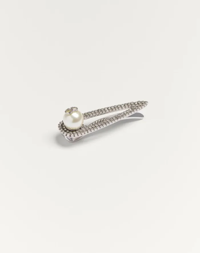 Valentino Jewelry Man Vlogo Signature Metal Tie Clip With Swarovski Crystals And Pearl For Man In Palladiumcreamcrystal Palladiumcreamcrystal
