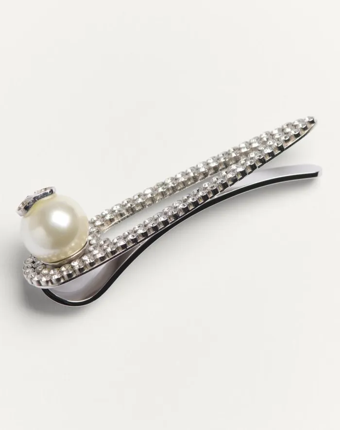 Valentino Jewelry Man Vlogo Signature Metal Tie Clip With Swarovski Crystals And Pearl For Man In Palladiumcreamcrystal Palladiumcreamcrystal