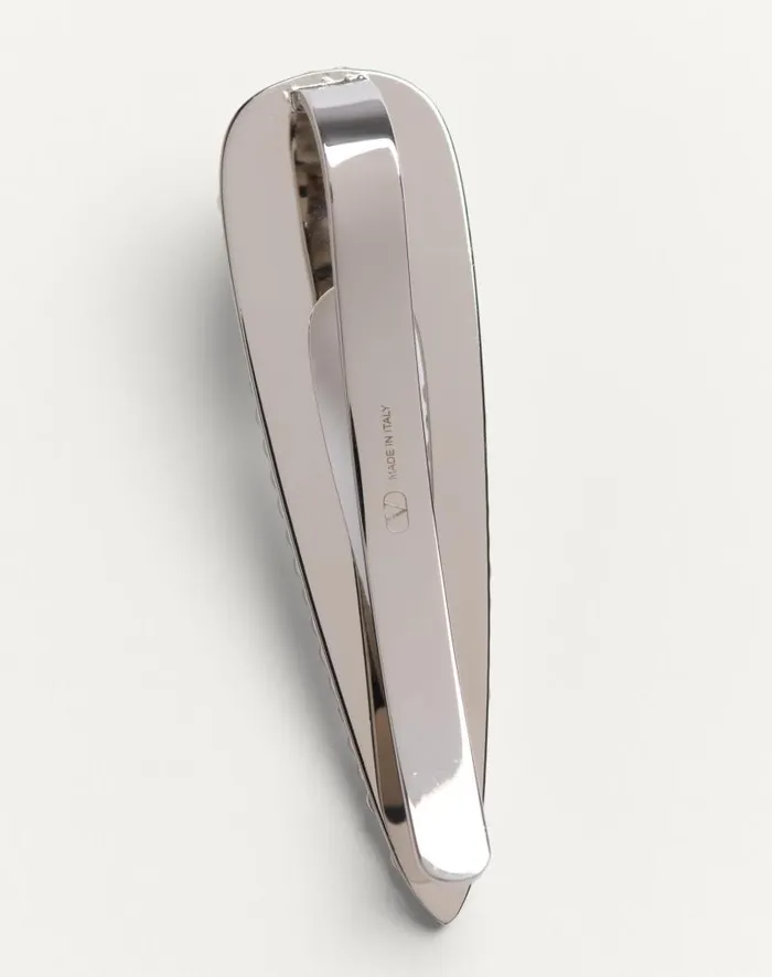 Valentino Jewelry Man Vlogo Signature Metal Tie Clip With Swarovski Crystals And Pearl For Man In Palladiumcreamcrystal Palladiumcreamcrystal