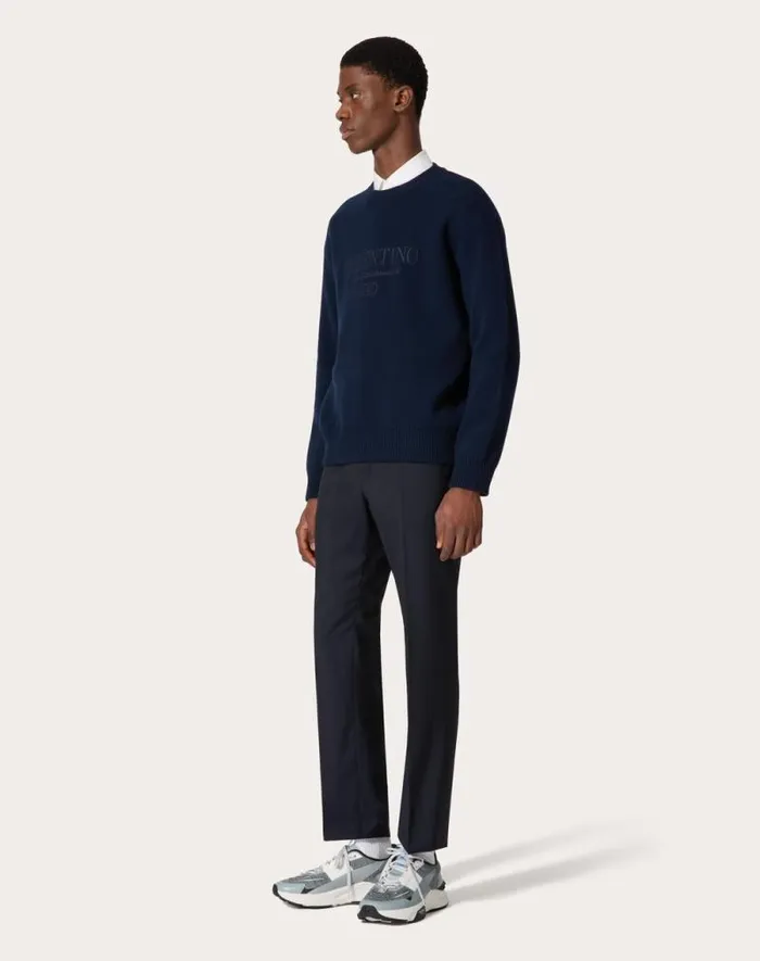 Valentino Knitwear Man Crewneck Wool Sweater With Valentino Embroidery For Man In Navy Navy Valentino Knitwear Man Crewneck Wool Sweater With Valentino Embroidery For Man In Navy Navy