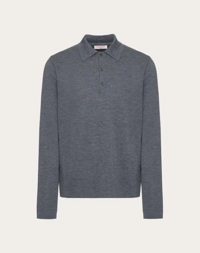 Valentino Knitwear Man Longsleeve Wool Polo Shirt With Vlogo Signature Embroidery For Man In Dark Grey Dark Grey