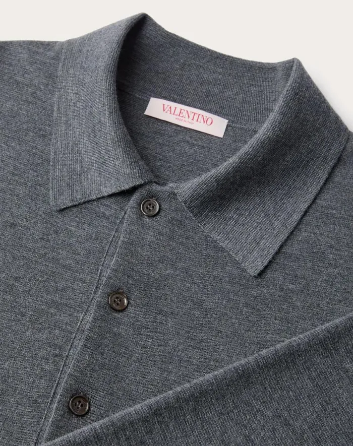 Valentino Knitwear Man Longsleeve Wool Polo Shirt With Vlogo Signature Embroidery For Man In Dark Grey Dark Grey