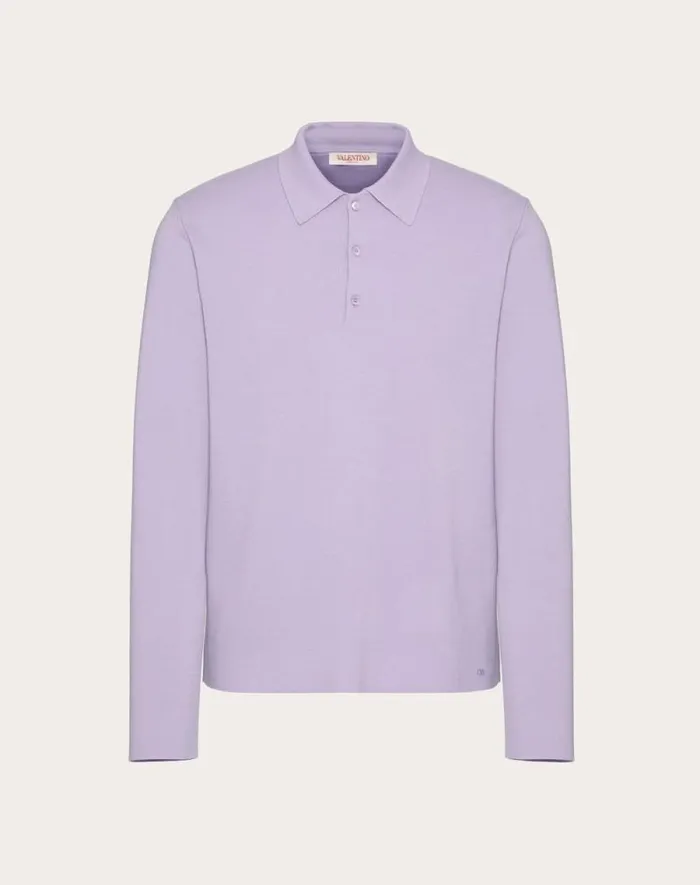 Valentino Knitwear Man Longsleeve Wool Polo Shirt With Vlogo Signature Embroidery For Man In Dark Grey Dark Grey