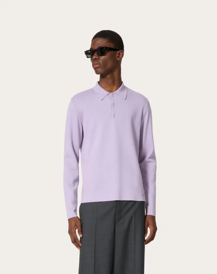 Valentino Knitwear Man Longsleeve Wool Polo Shirt With Vlogo Signature Embroidery For Man In Dark Grey Dark Grey